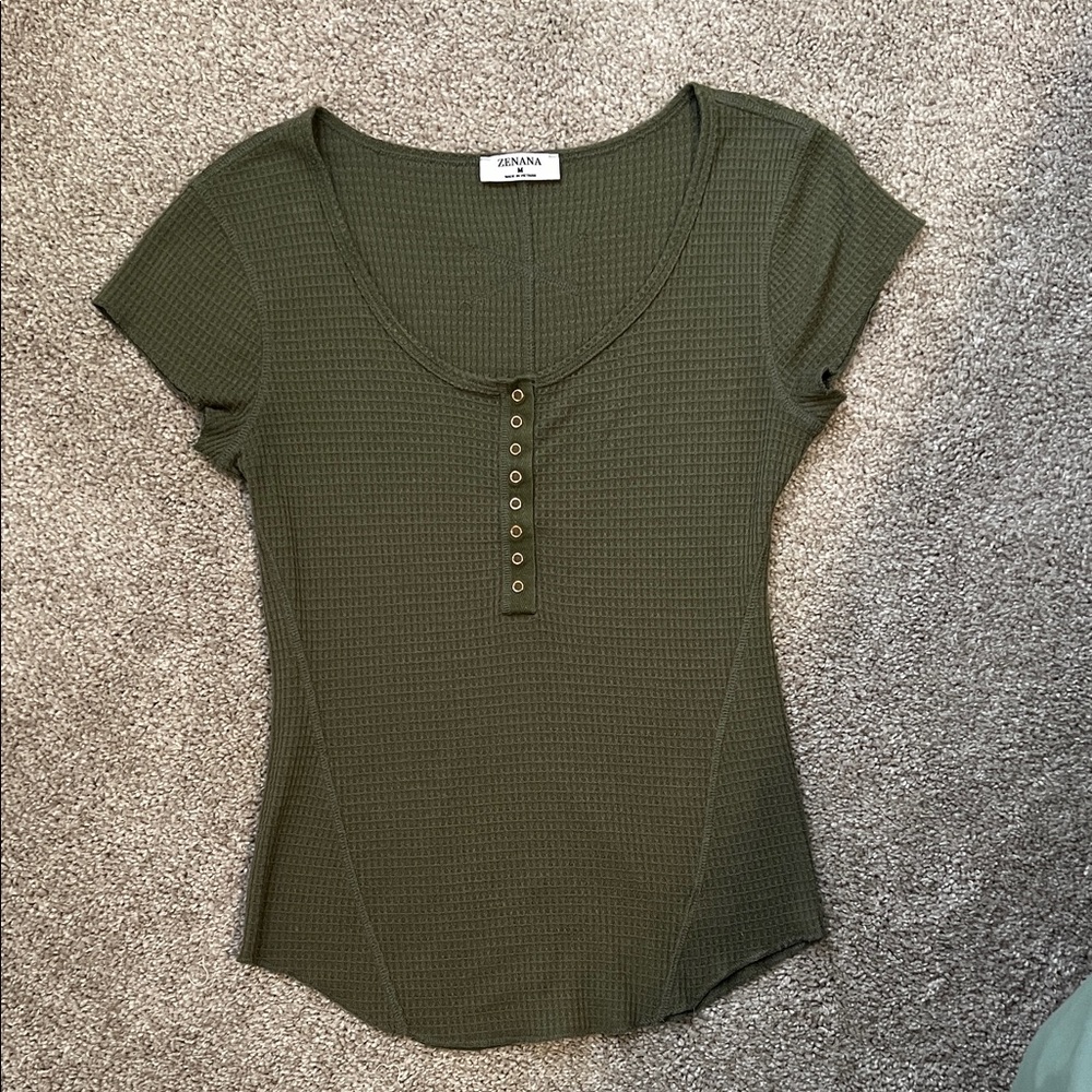 Zenana Outfitters Olive Short Sleeve Henley Waffle Top